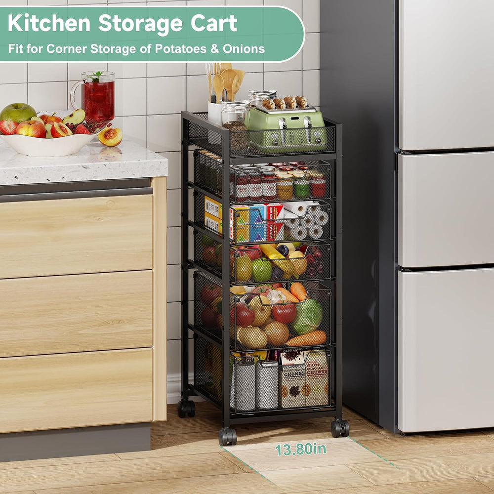 6-Tier Rolling Cart with 5 Drawers & Top Basket, Snack Cart with Wheels |...