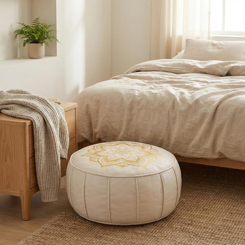 Round Pouf Cover, Premium Leather Ottoman Cover 19in / 48cm, Unstuffed Floor ...