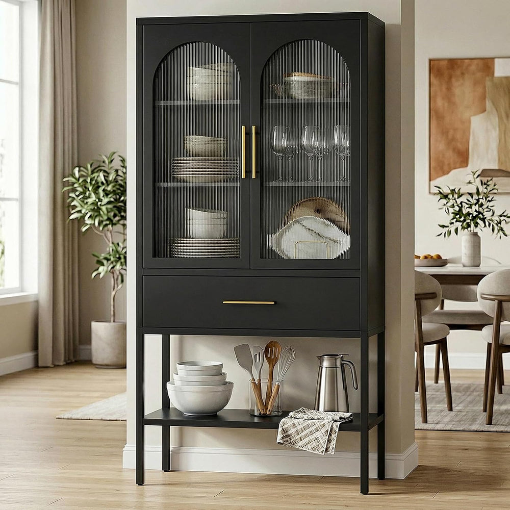 63" Tall Metal Storage Cabinet with Glass Doors, Kitchen Pantry Cabinet ...
