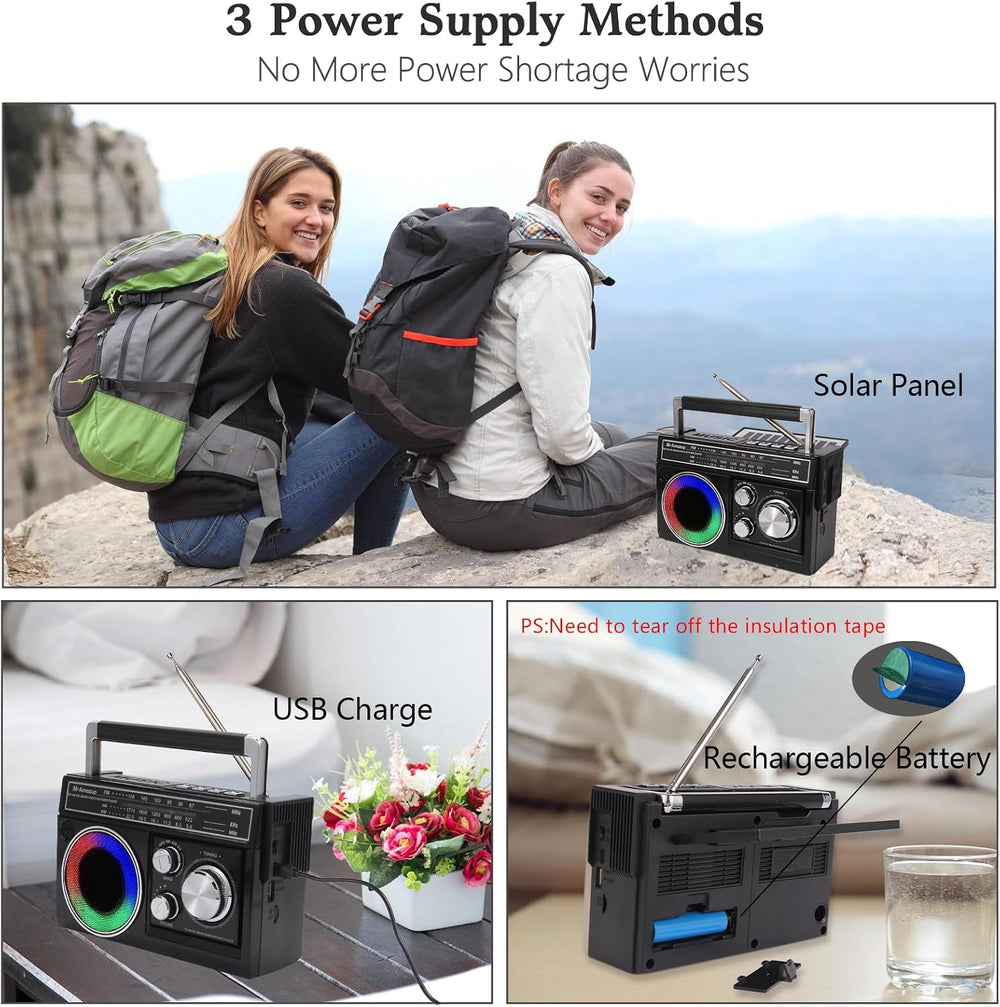 Radios Portable AM FM, Retro Portable Radio with Bluetooth Speaker and Flashl...