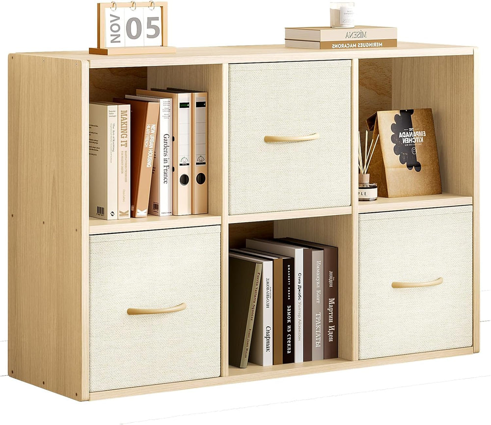 EXPERLAM 6 Cube Storage Organizer - Solid Wood Bookshelf with 3 Storage Bins,...