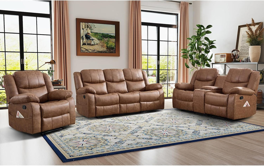 EBELLO 3 Pieces Faux Leather Recliner Sofa Furniture Set, Includes a Manual R...