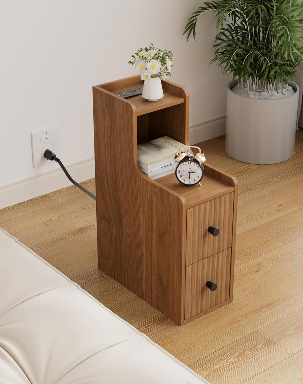 Set of 2 Narrow Side Table with Charging Station, Wooden Slim End Table with ...