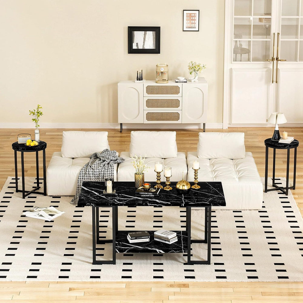 Lamerge 3 Pieces Living Room Table Set, Faux Marble Coffee Table with 2 Round...