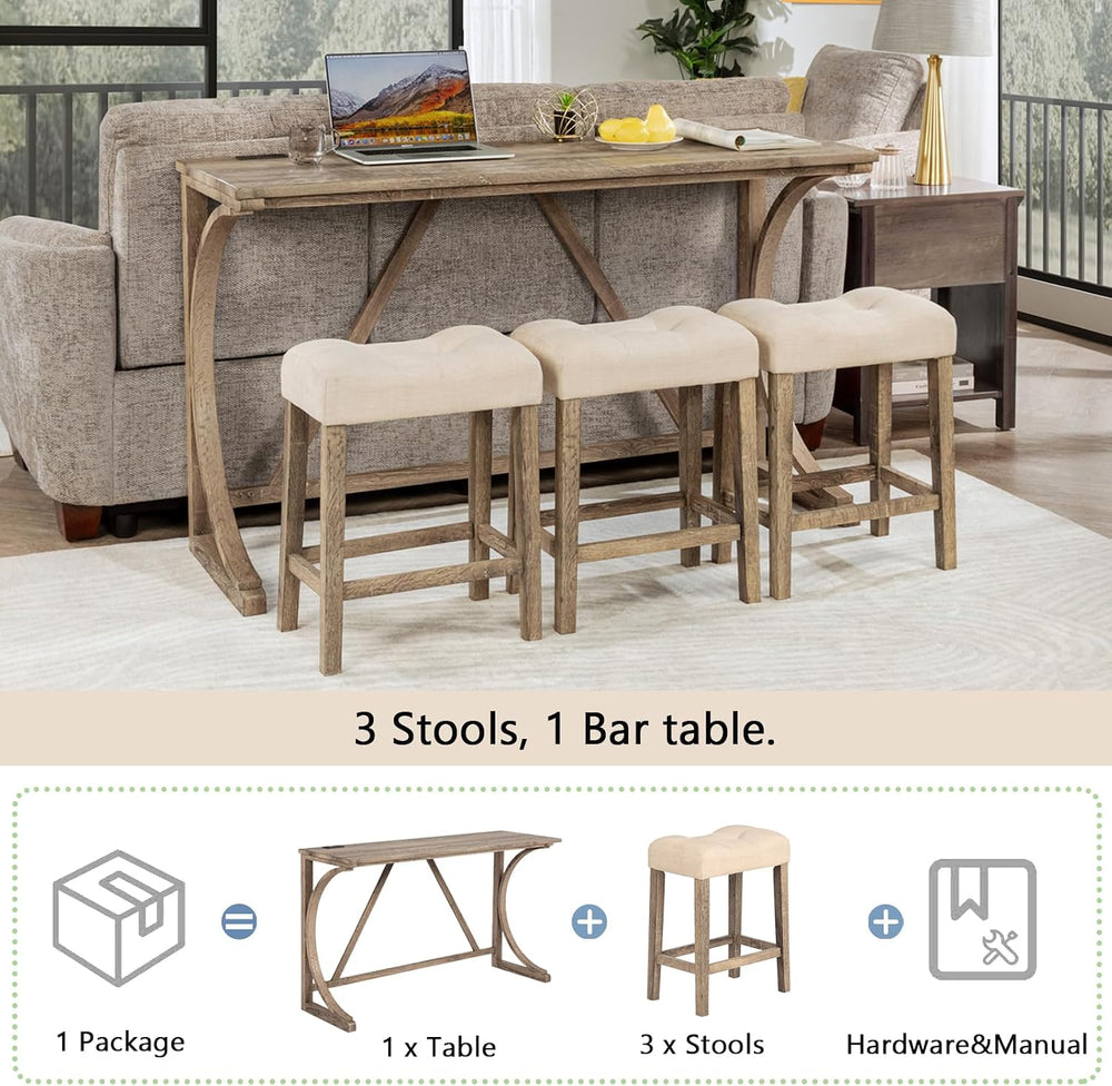 Holaki Bar Table and Chairs Set,4 Piece Console Table with Power Outlet, Coun...