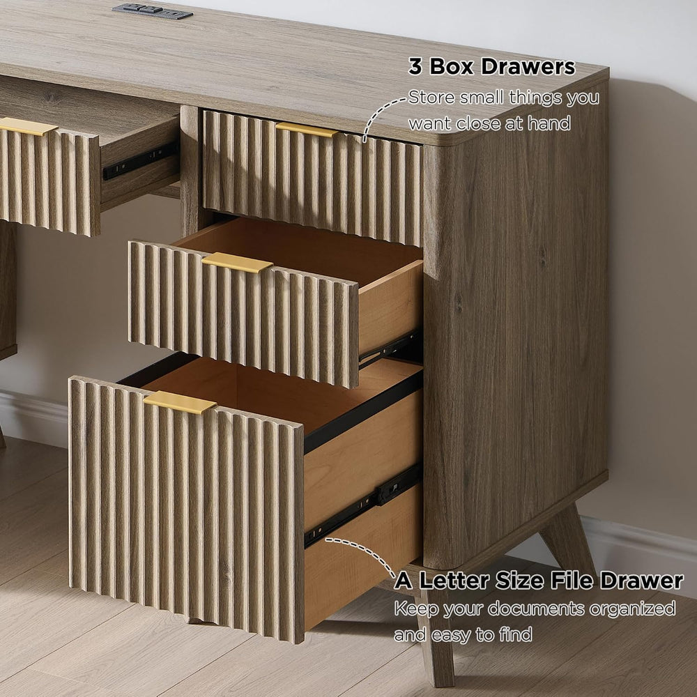 T4TREAM 60" Modern Fluted Executive Desk with Drawers, Alder Grey