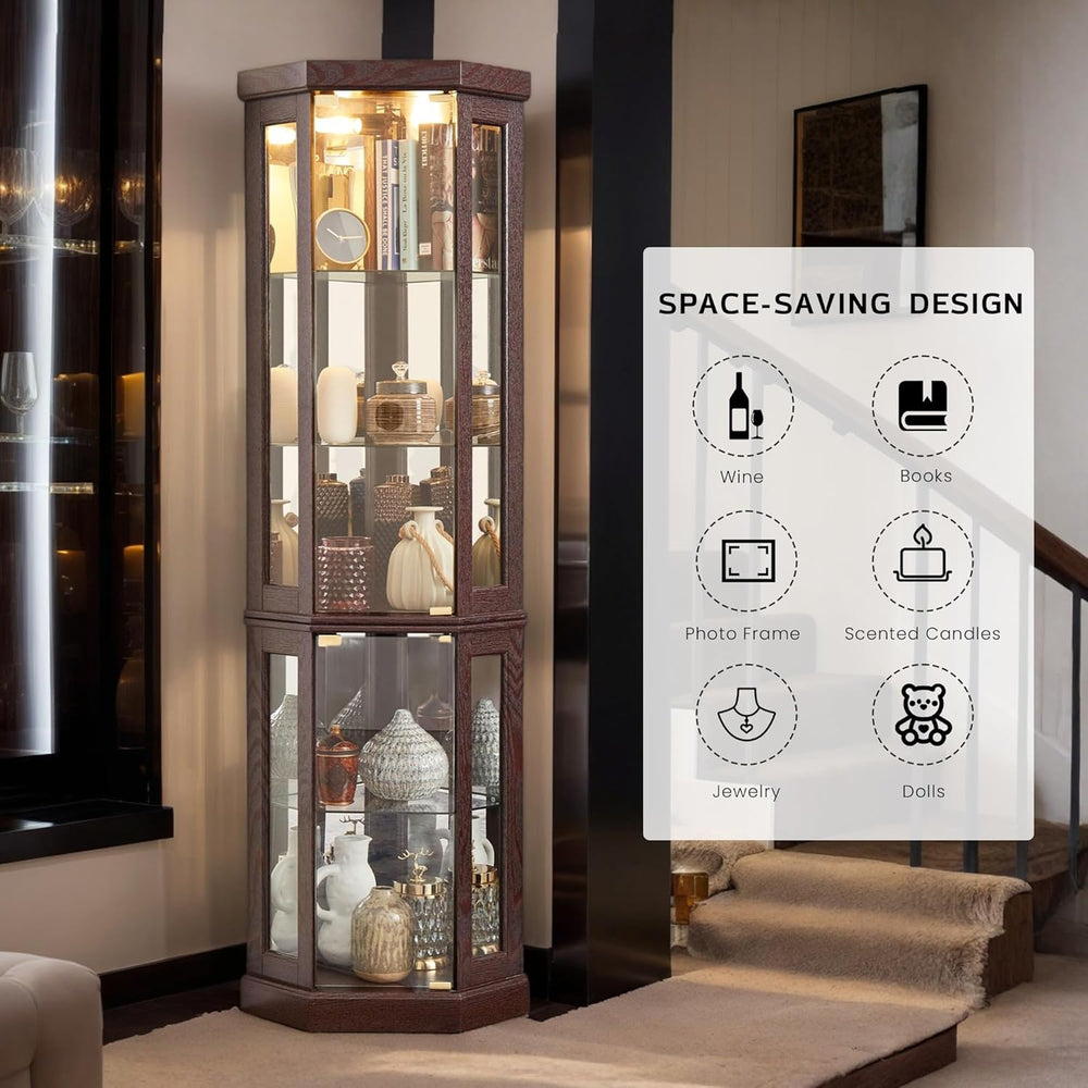 70" Lighted Corner Curio Cabinet, Wood China Display Case with Tempered ...