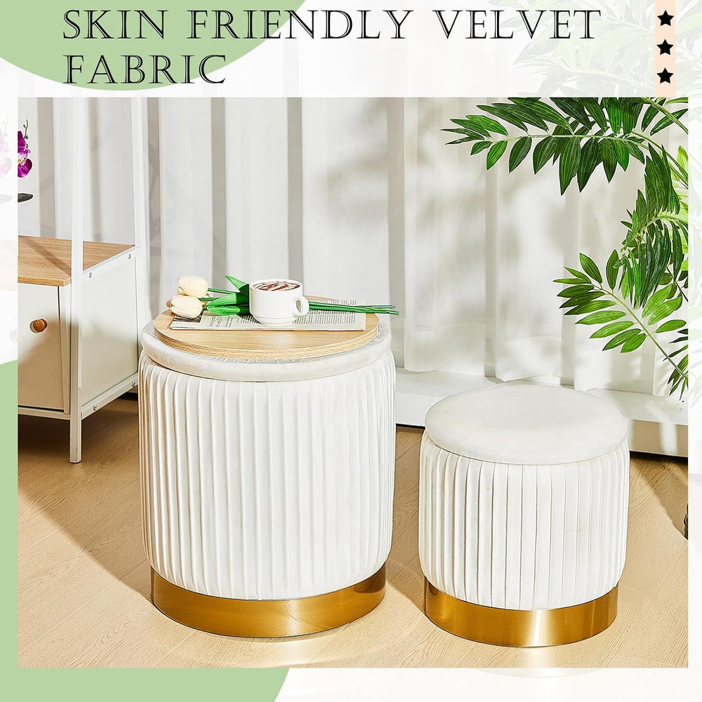 Barydat 2 Pcs Round Ottoman with Storage White Velvet Storage Ottoman Stool w...