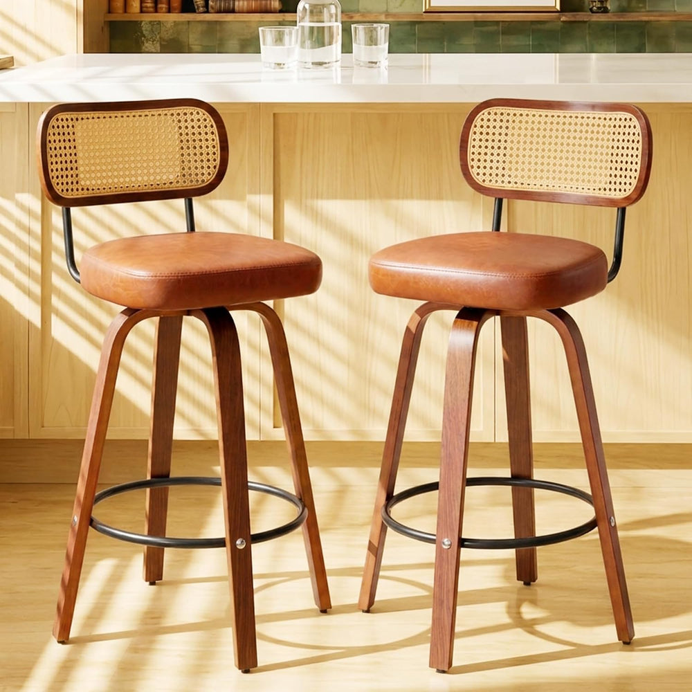 Rattan Bar Stools Set of 2,Upholstered PU Leather, 30''Counter Height...