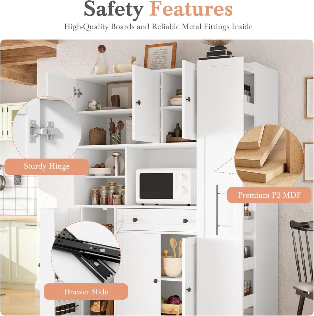 70 Inch Buffet with Hutch and Pull-Out Side Cabinet, White | White P2 MDF, ki...