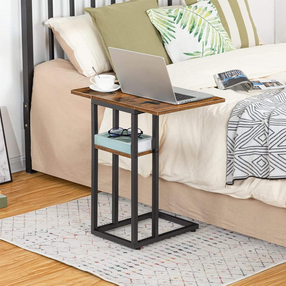 HOOBRO Foldable C Shaped End Table, C Shaped Side Table with Storage Shelf