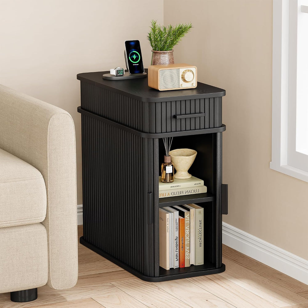 ONBRILL Fluted End Table, Narrow Side Table, 23.62" H, Black