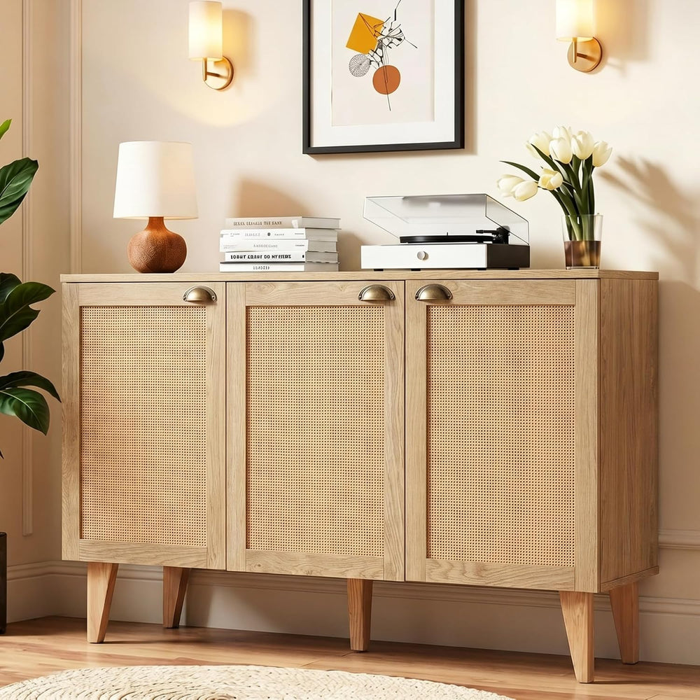 GREEN PARTY 47" Rattan Sideboard Buffet Cabinet with Storage, 3-Door Boh...