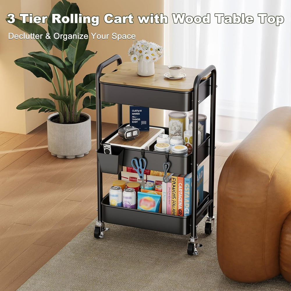3 Tier Storage Rolling Cart with Wood Table Top on Lockable Wheels(Black)