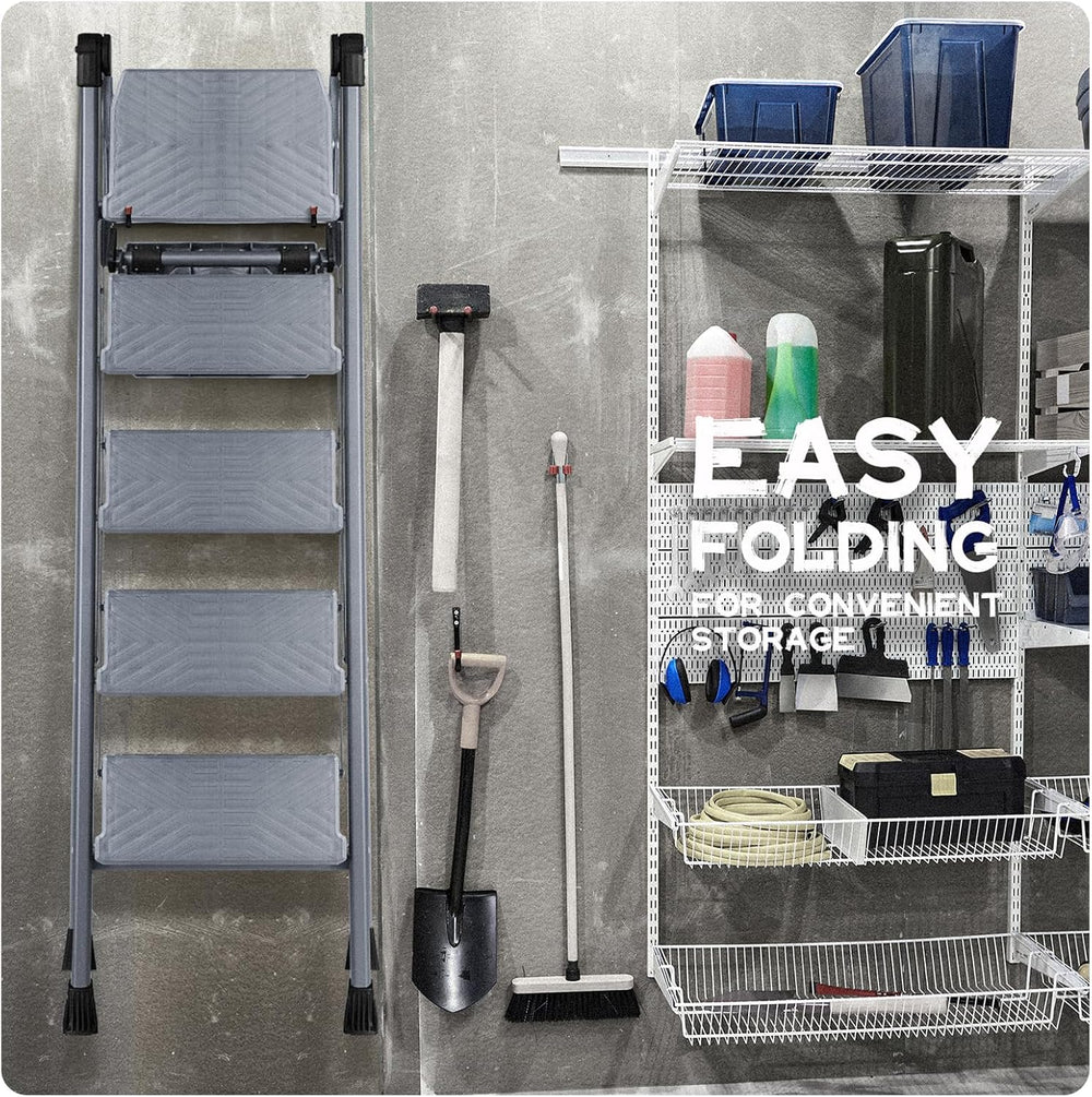 5 Step Ladder, Steel Stool with Foldable Handrail & Tool Tray