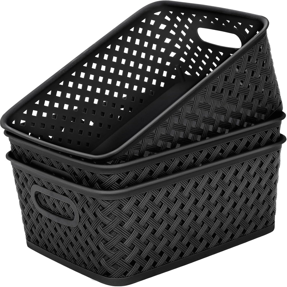 MaxGear 3 Pack Plastic Storage Baskets, Large, Black