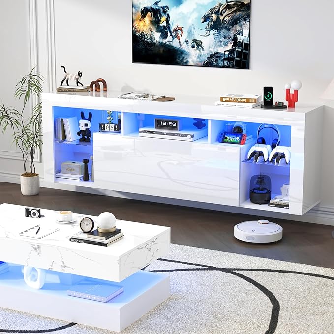 71" Floating High Gloss LED TV Stand for up to 85" TVs, Wall-Mounte...