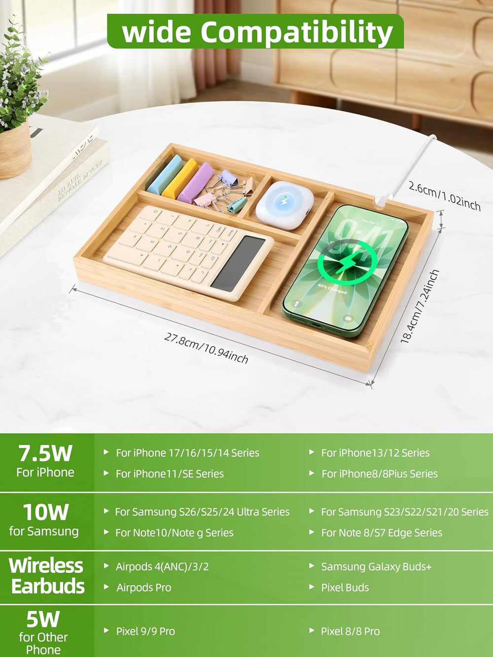 Bamboo Valet Tray with Dual Wireless Charger - EDC Nightstand Organizer for M...