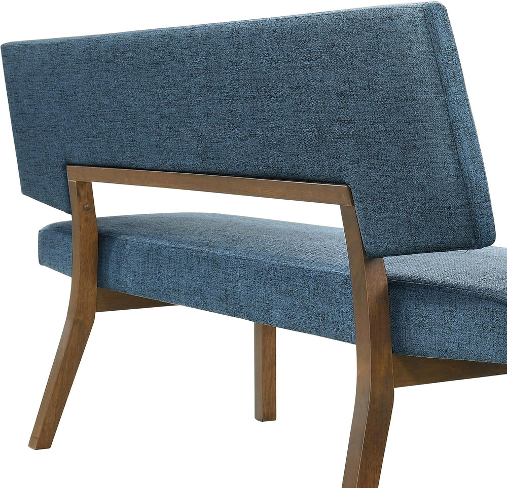 Channell Wood Dining Bench in Walnut Finish with Blue Fabric