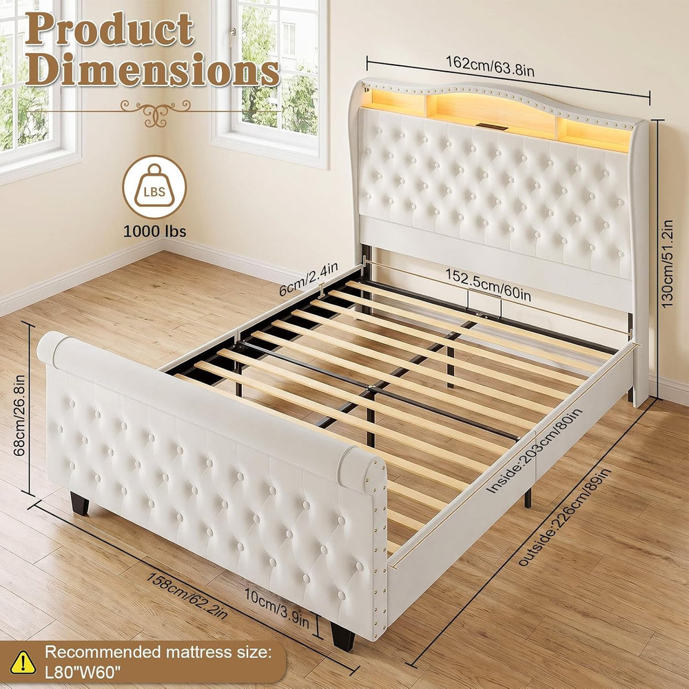 Upholstered Queen Size Bed Frame with LED Lights & Charging Station, Velv...