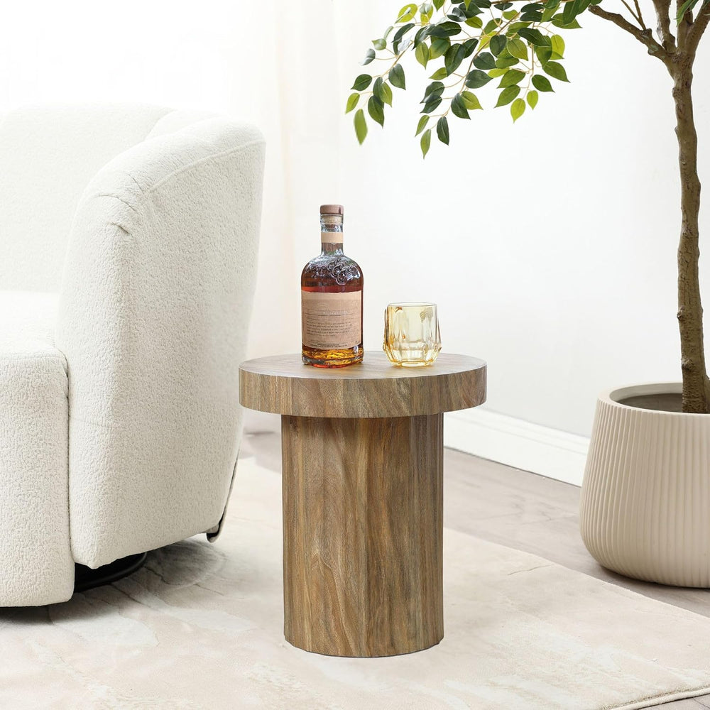 LuxenHome 19.7" H Wood Round Side Table, Natural Oak Finish Fluted Small...