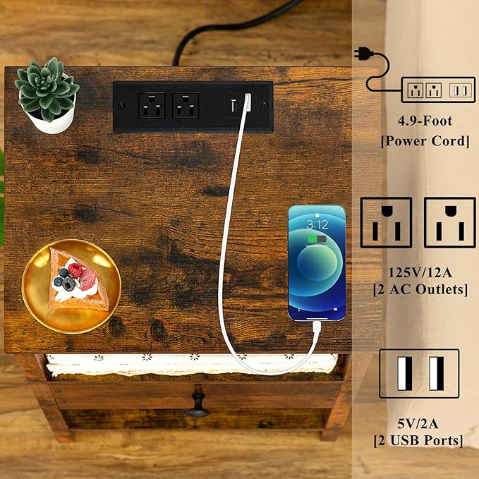 Lerliuo Nightstand with Charging Station and USB Ports, 3-Tier Storage End Ta...