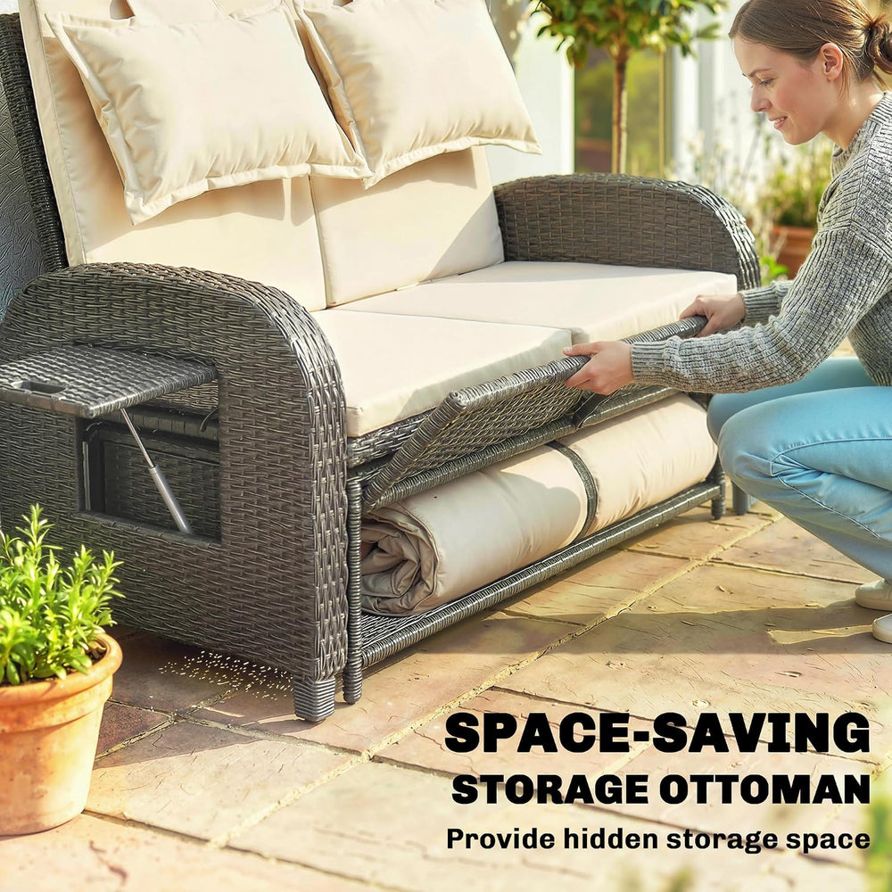 Outsunny Patio Rattan Daybed, Wicker Outdoor Daybed with Storage Ottoman, Lov...