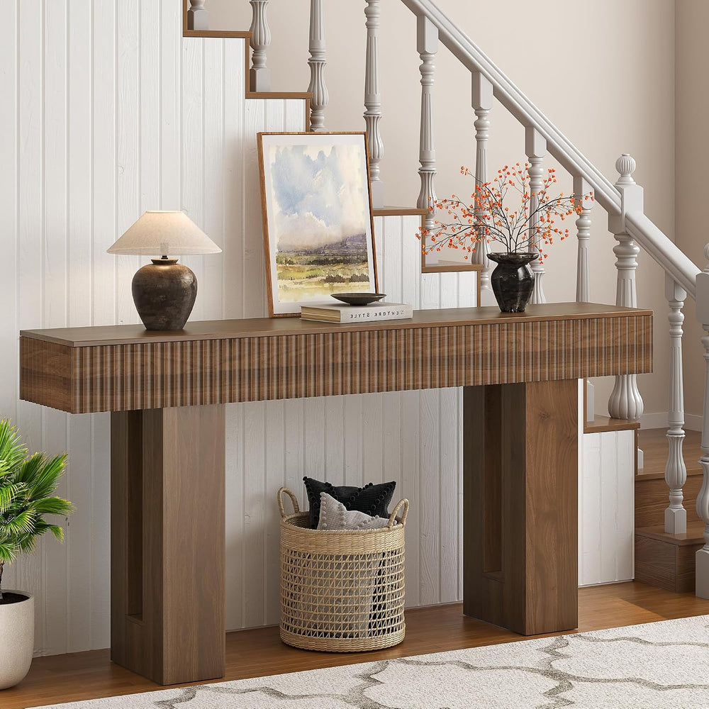63-Inch Long Entryway Console Table with a Fluted Design, Thick Wood Farmhous...