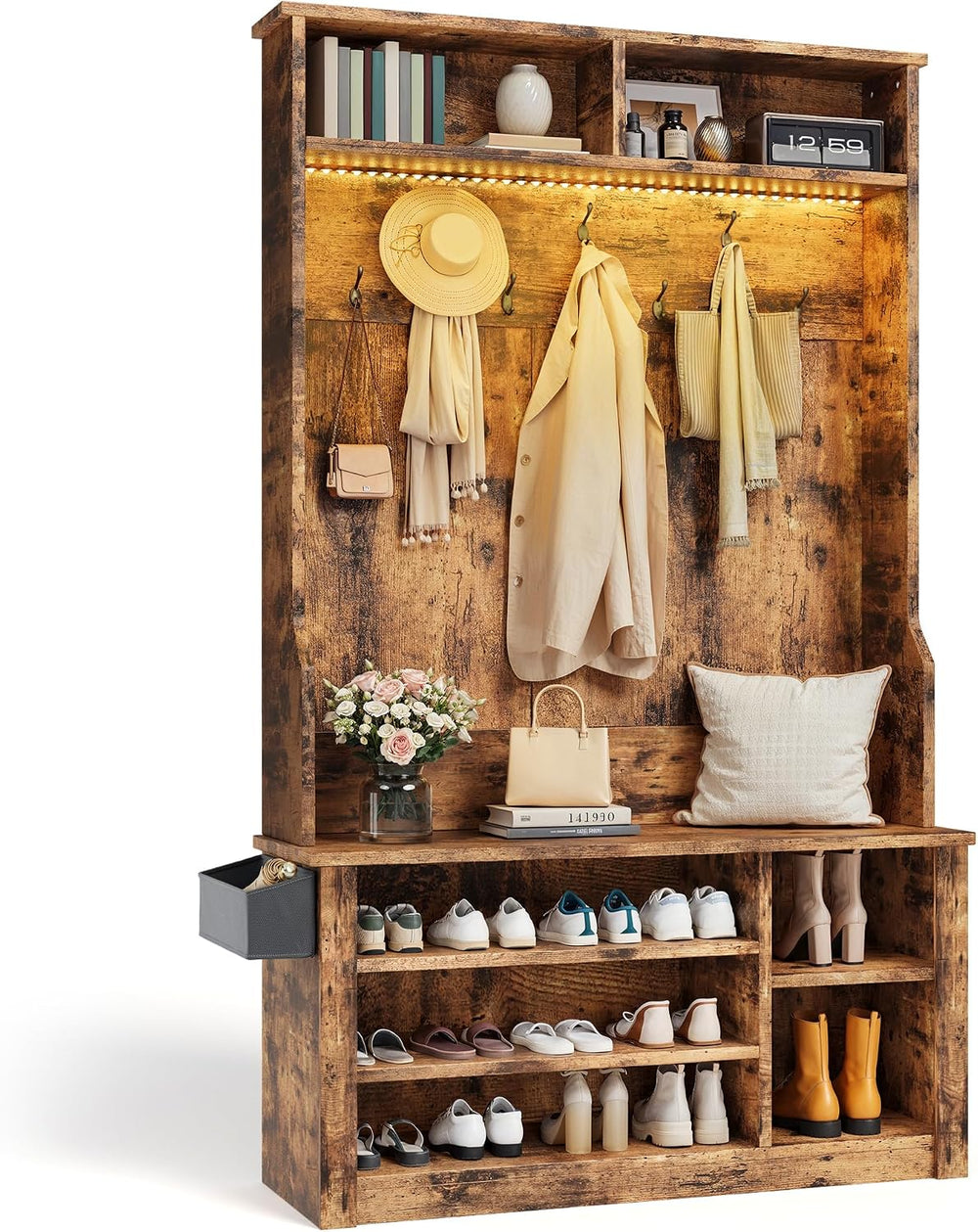 Aiho Hall Tree with Bench and Shoe Storage,5-in-1 Entryway Bench with Coat Ra...
