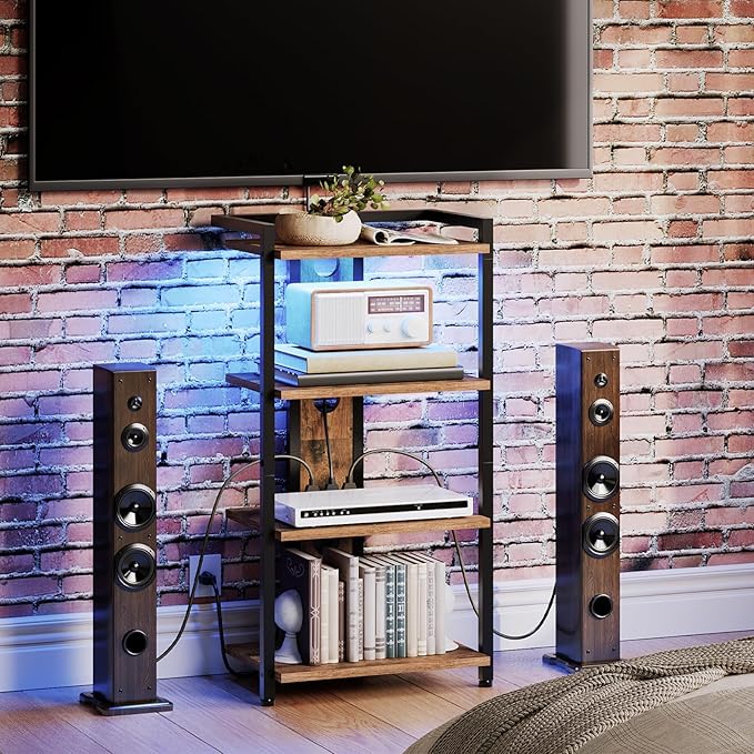 HOOBRO 4-Tier AV Media Stand, Media Console with Charging Station and LED Lig...