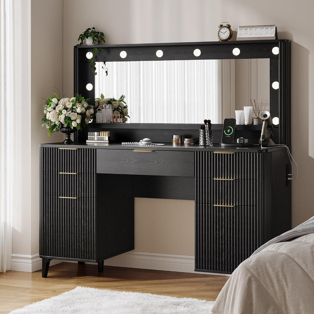 Fluted Makeup Vanity Desk with Large 39.3" Mirror and Lights, 48.8"...