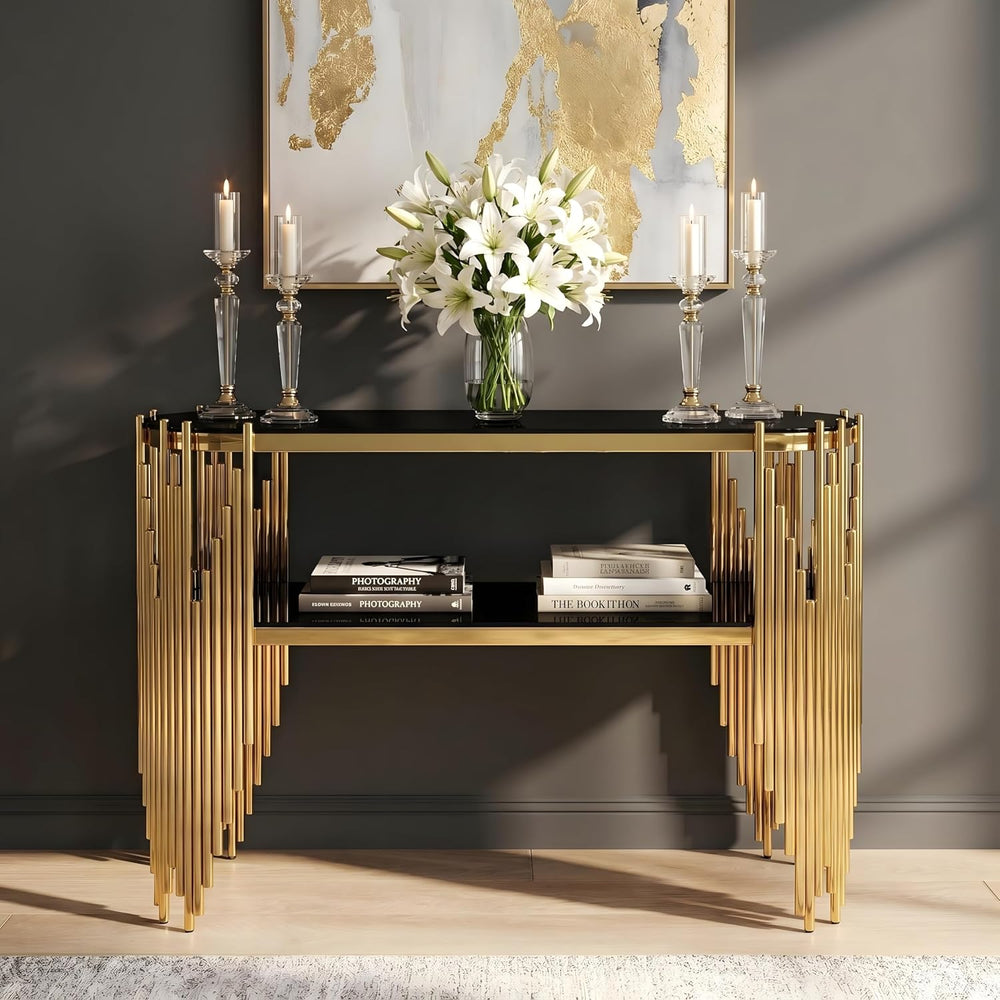 Modern Gold Glass Console Table with 2-Tier Shelves, Luxury Oval Entryway Tab...