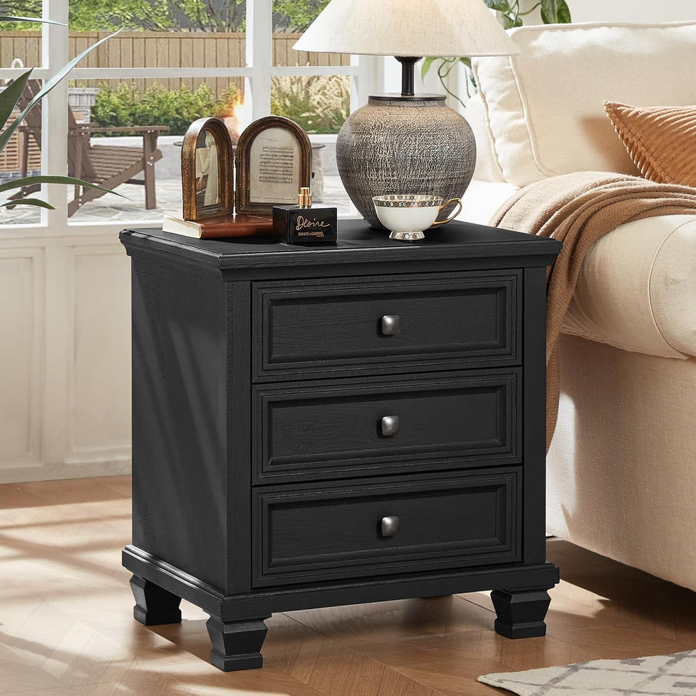 SAVOR LIFE 3-Drawer Nightstand Set of 2 with Solid Wood Legs, Black | Pair of...