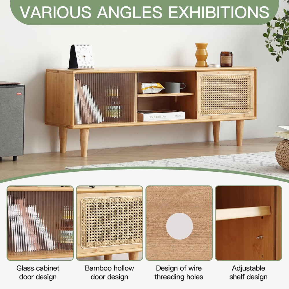 Welnow Rattan TV Stand for Up to 55 Inch, Mid Century Modern Bamboo Entertain...