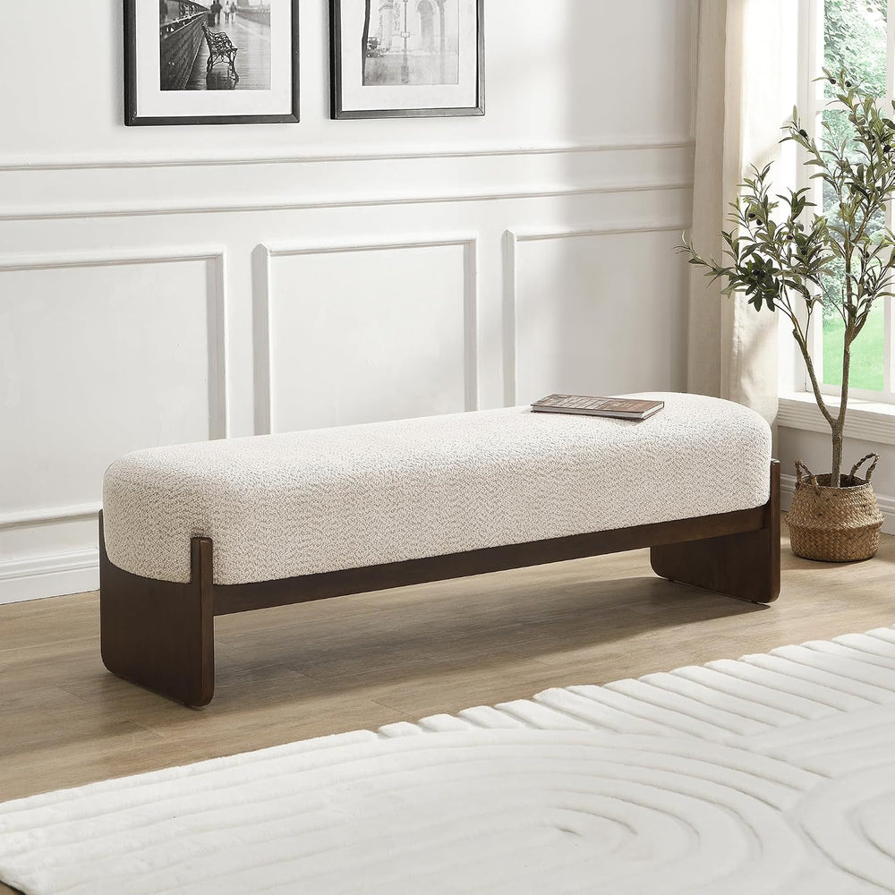 Virubi Elegant Upholstered Loop Yarn Ottoman, Beige End of Bed Entryway Bench...