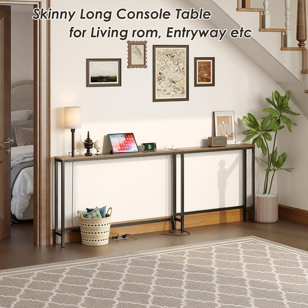 X-cosrack 78.8" Long Narrow Sofa Table with Outlet & LED Bulb, L Sha...