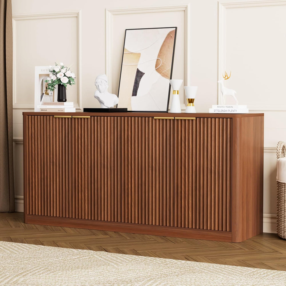 59" Fluted Buffet Sideboard Cabinet with Storage, Wooden 4-Door Sideboar...