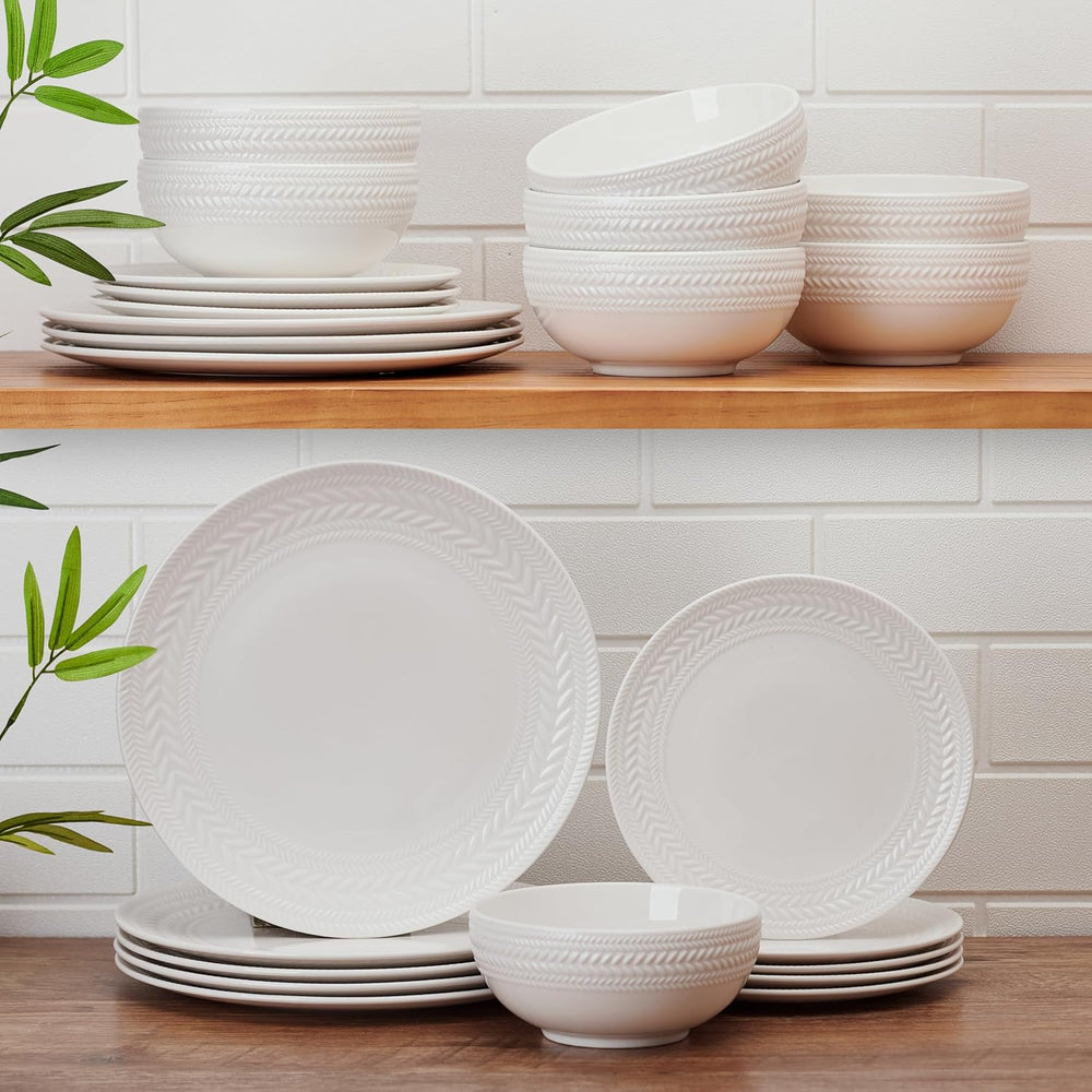 Pfaltzgraff Josephine 24-Piece Dinnerware Set, Porcelain Dish Set with Emboss...