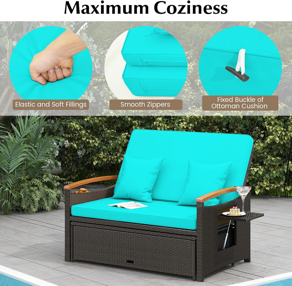 Moccha Outdoor Wicker Daybed, Patio Rattan Loveseat Sofa w/ 4-Level Adjustabl...