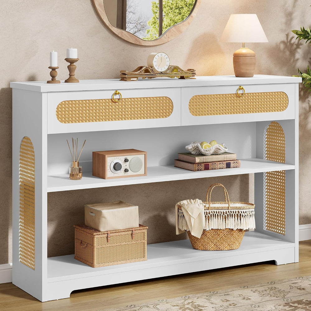Hoctieon Rattan Console Table with 2 Drawers, 3-Tier Boho Woven Entryway Tabl...