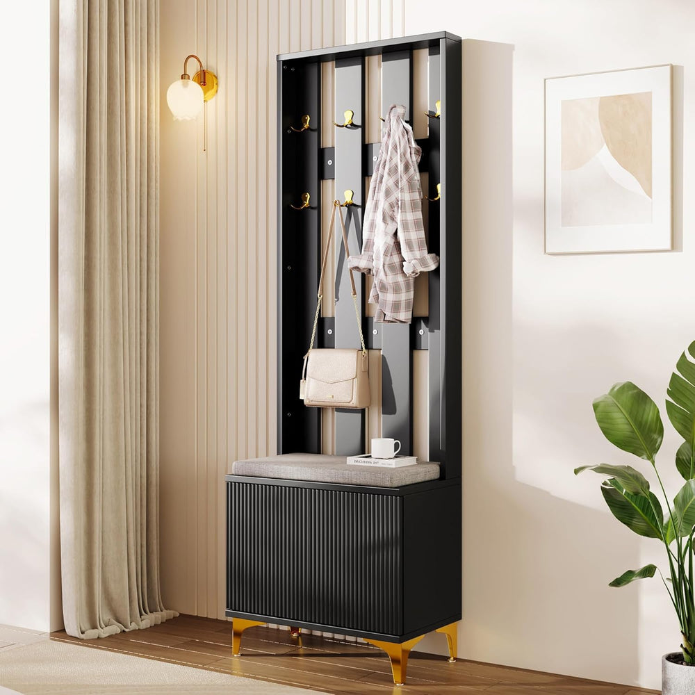 Stylish Multifunctional Entryway Wardrobe Set Black Shoe Bench with Hooks Pus...