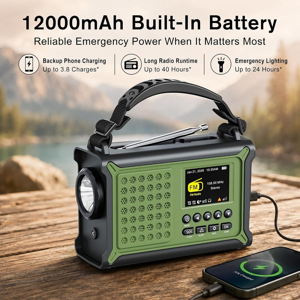 Emergency Weather Radio with S.A.M.E. Alerts, Solar, Hand Crank & 12000mAh