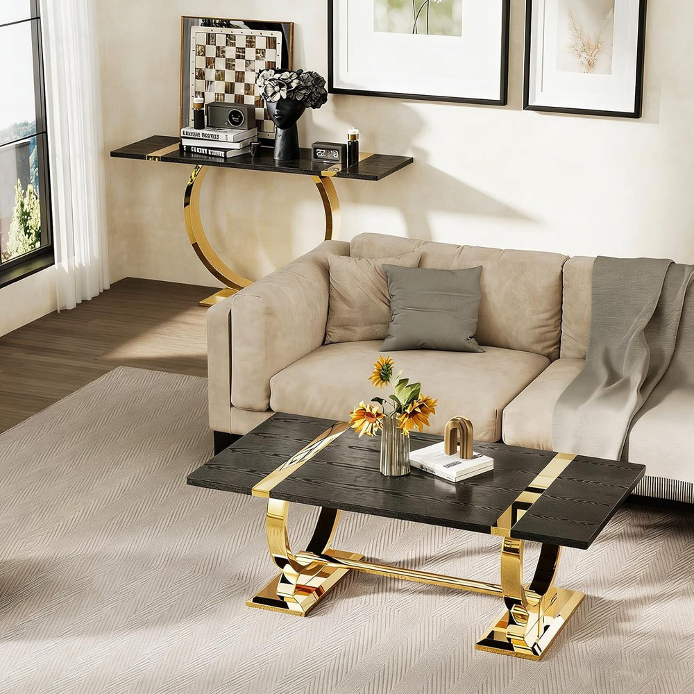 Asday 2 Piece Living Room Table Set, Black and Gold Coffee Table Set with Pol...