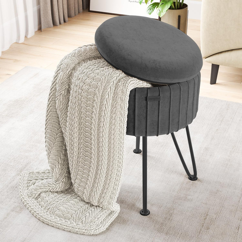 Round Ottoman with Storage, Pleated Velvet Storage Ottoman, Foot Stool Ottoma...