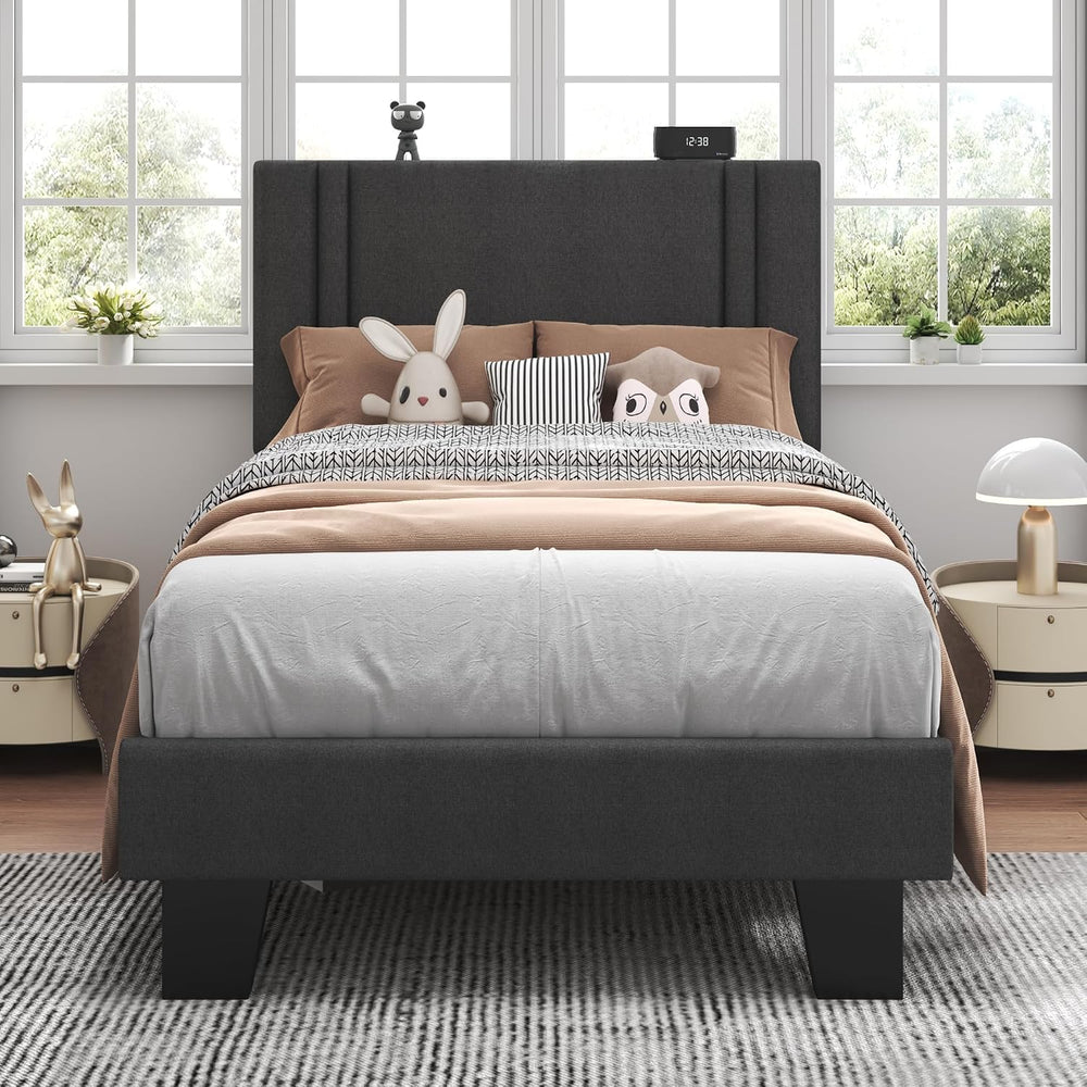 Feonase Twin Platform Bed Frame, Fabric Upholstered Twin Bed Frame, Solid Woo...