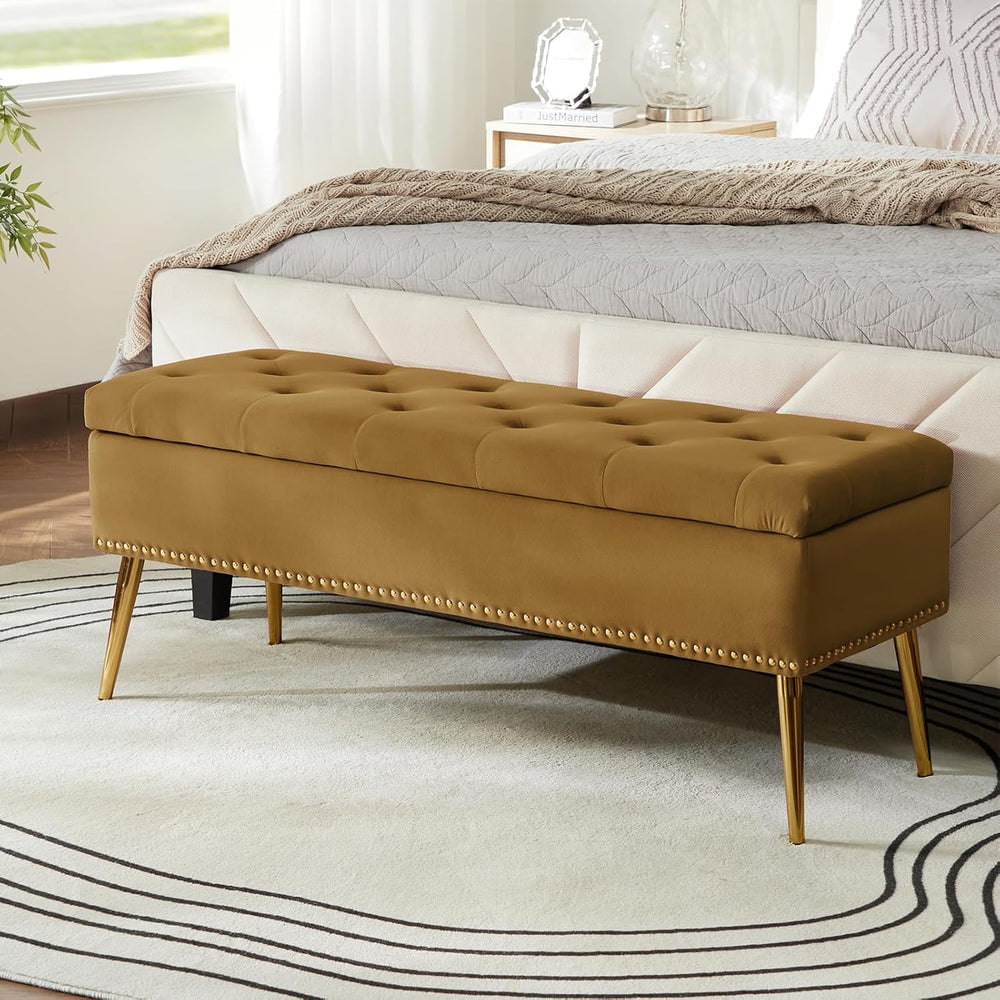 HULALA HOME Modern Velvet Storage Ottoman Bench with Gold Base & Nailhead...