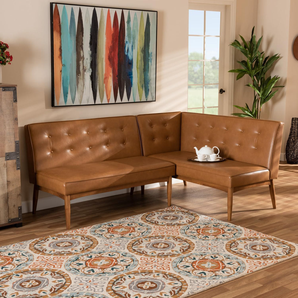 Faux Leather Corner Sofa Bench, Walnut Wood Finish, 2-Piece Dining Set