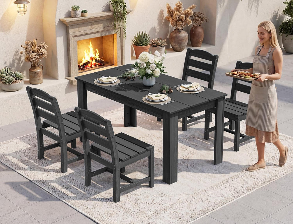 SERWALL HDPE Dining Set for 6: 1 Umbrella Hole Table, 4 Armless + 2 Armchairs...