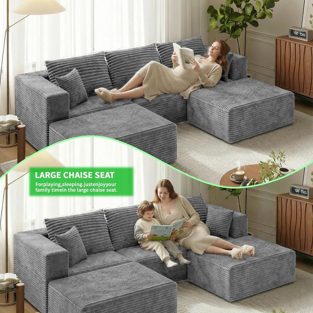 110" U Shaped Sectional Sofa with 2 Ottomans, Modular Corduroy Cloud Cou...