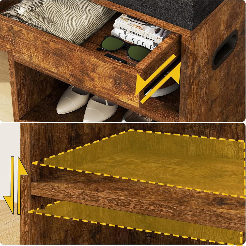 YMYNY Small Shoe Storage Bench with Cushion and Drawer, 2 Tier Adjustable Ent...